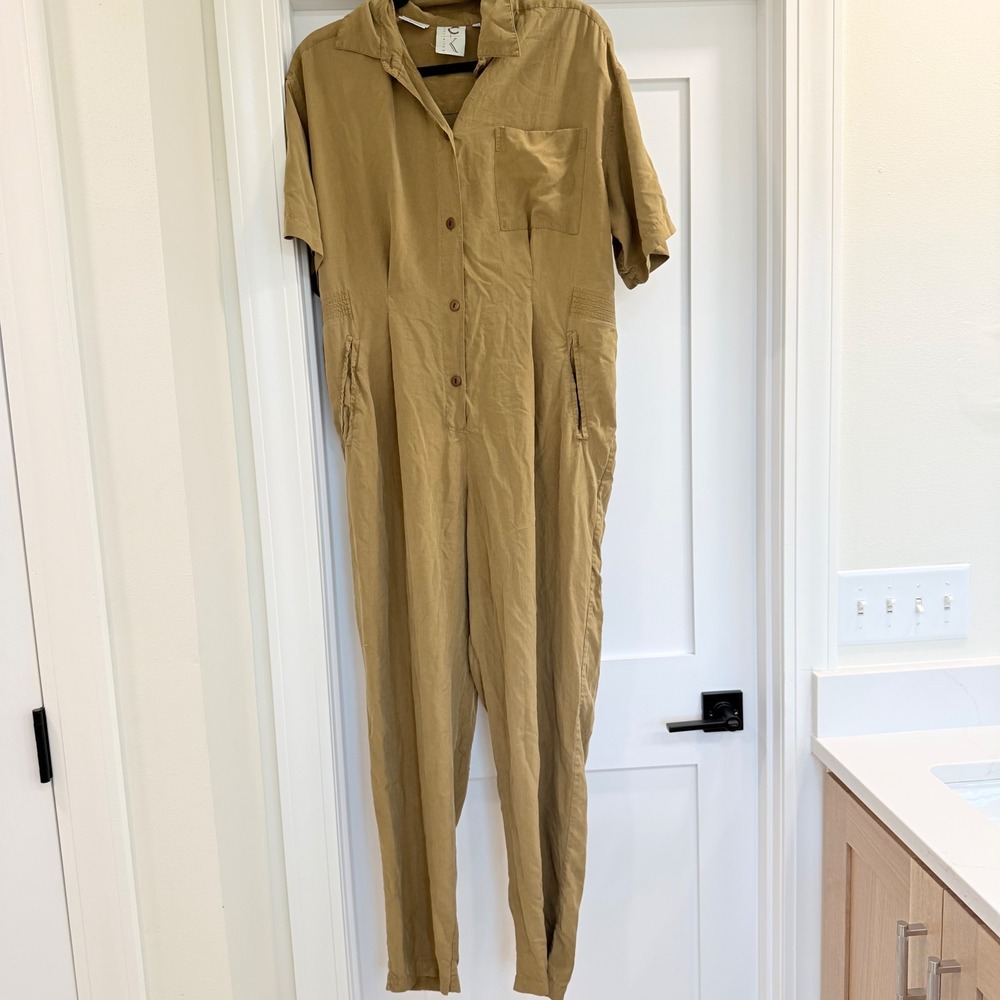 Colin Karin 100% Silk Jumpsuit Tan Khaki Utility Button Front Short Sleeve Med